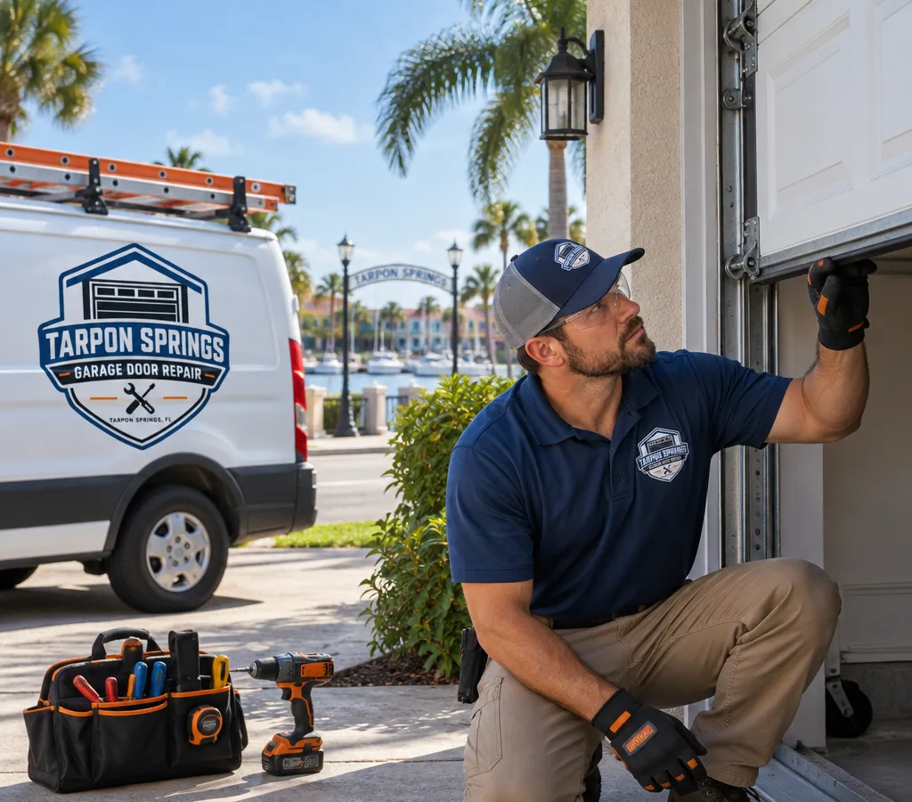 Technician inspecting a residential sectional garage door in a Tarpon Springs driveway