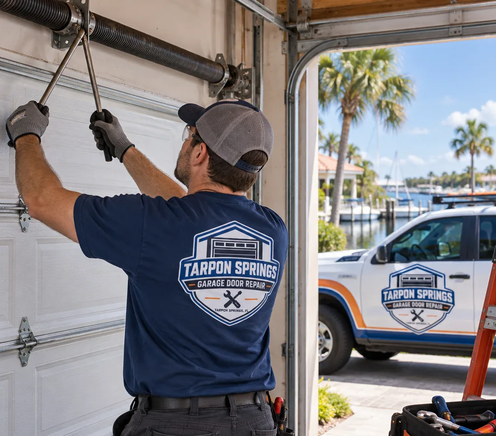 Technician using winding bars on a torsion spring assembly above a secured residential garage door in Tarpon Springs