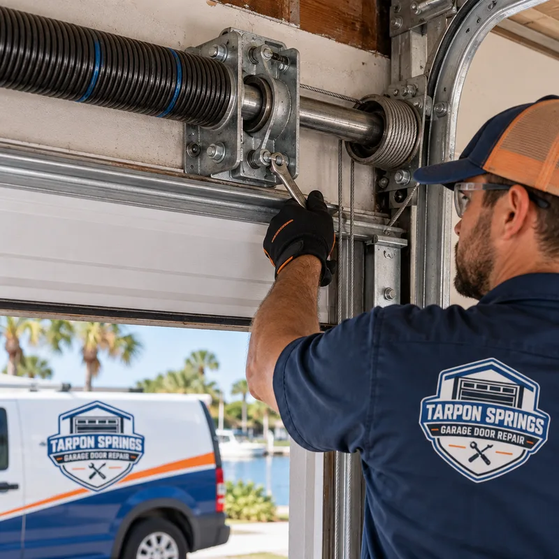 Properly routed cables and square track setup around a newly installed garage door torsion system