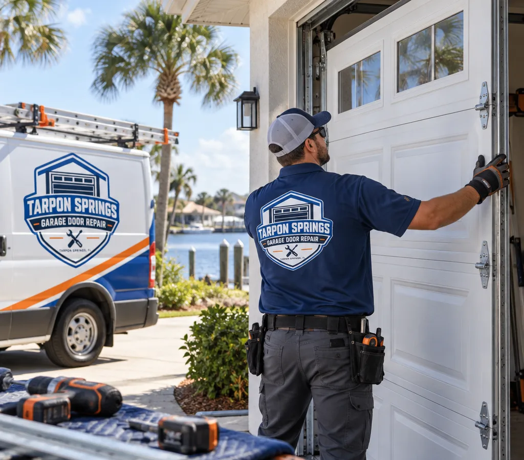 Technician guiding a new sectional garage door into the opening of a Tarpon Springs-area home
