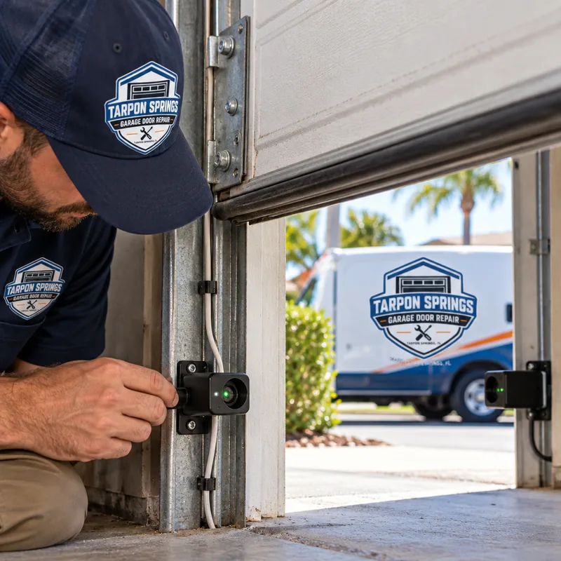 Garage door safety sensors aligned across the bottom of the opening with clean lenses and properly routed low-voltage wiring
