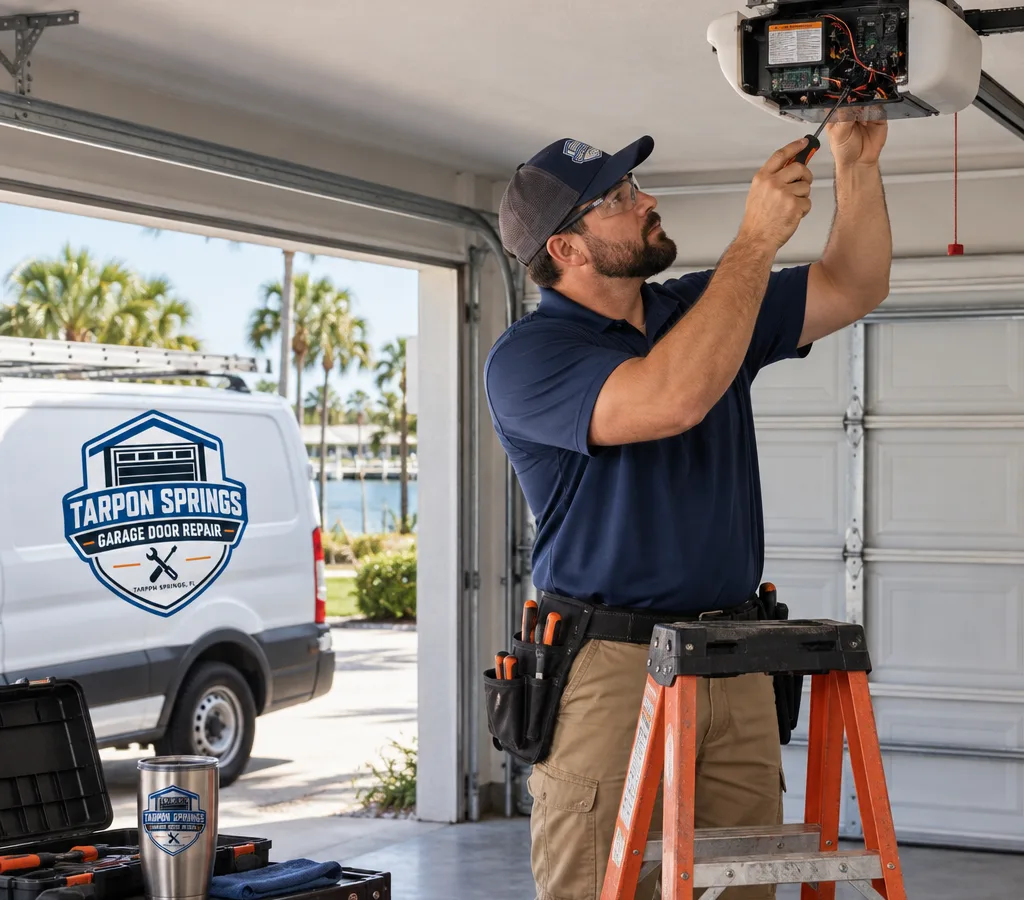 Technician diagnosing a ceiling-mounted garage door opener with the cover removed while the garage door is safely closed