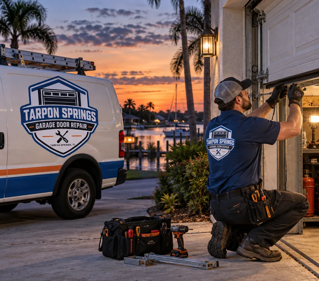 Technician working on a partially open garage door in a Tarpon Springs driveway at dusk with tools staged neatly