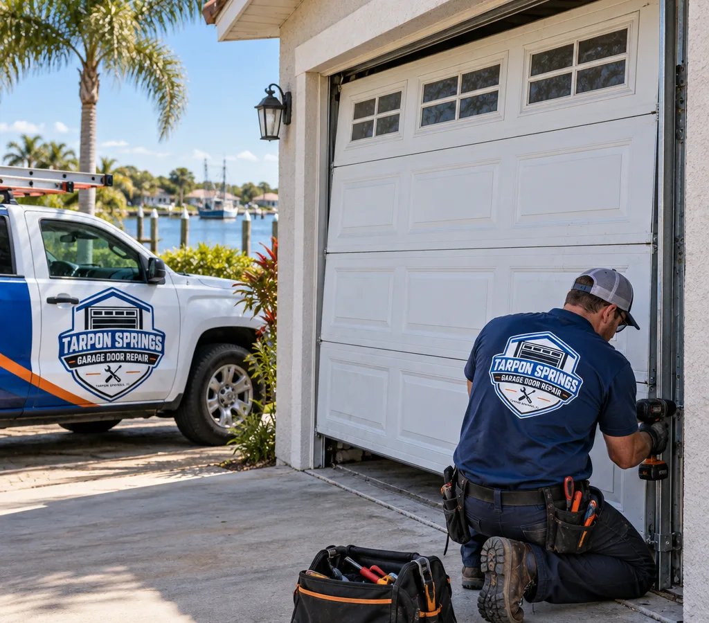 A crooked residential garage door with a technician preparing to realign its rollers and track